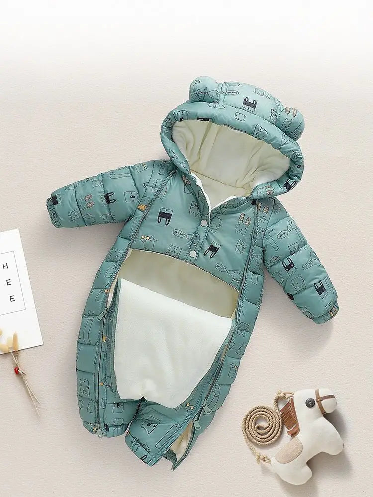 OLEKID 2025 Winter Baby Snowsuit Hooded Plus Velvet Warm Baby Girl Rompers Toddler Baby Boy Jumpsuit Infant Winter Overalls Coat