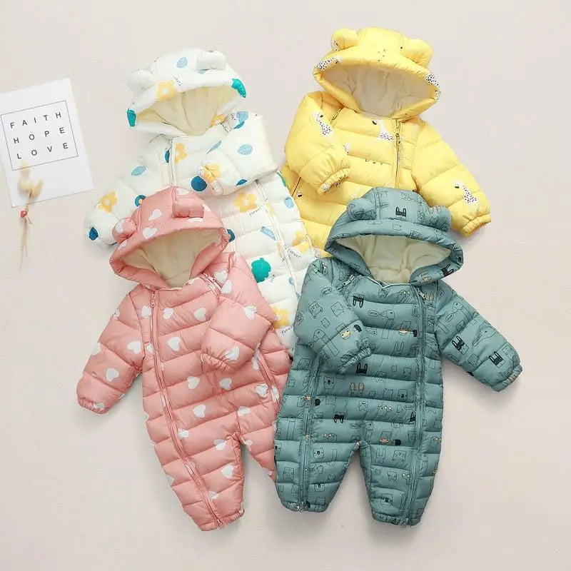 OLEKID 2025 Winter Baby Snowsuit Hooded Plus Velvet Warm Baby Girl Rompers Toddler Baby Boy Jumpsuit Infant Winter Overalls Coat