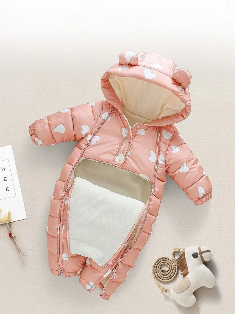 OLEKID 2025 Winter Baby Snowsuit Hooded Plus Velvet Warm Baby Girl Rompers Toddler Baby Boy Jumpsuit Infant Winter Overalls Coat