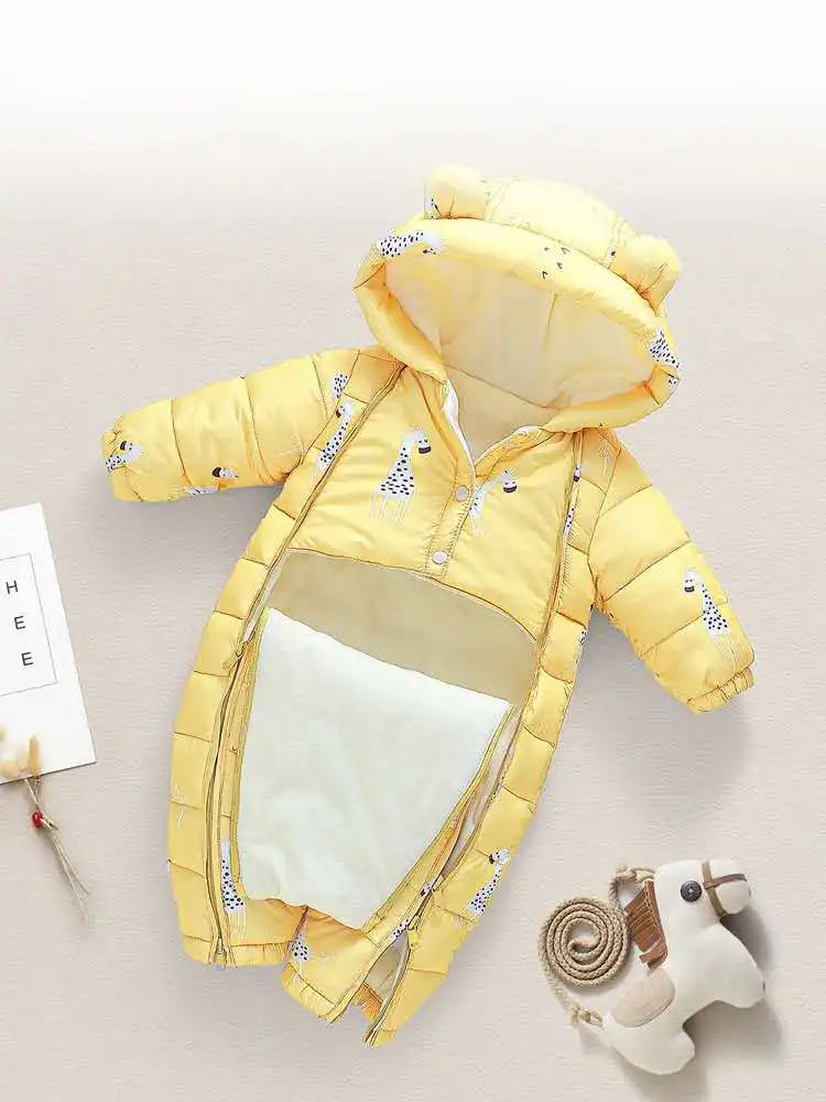 OLEKID 2025 Winter Baby Snowsuit Hooded Plus Velvet Warm Baby Girl Rompers Toddler Baby Boy Jumpsuit Infant Winter Overalls Coat