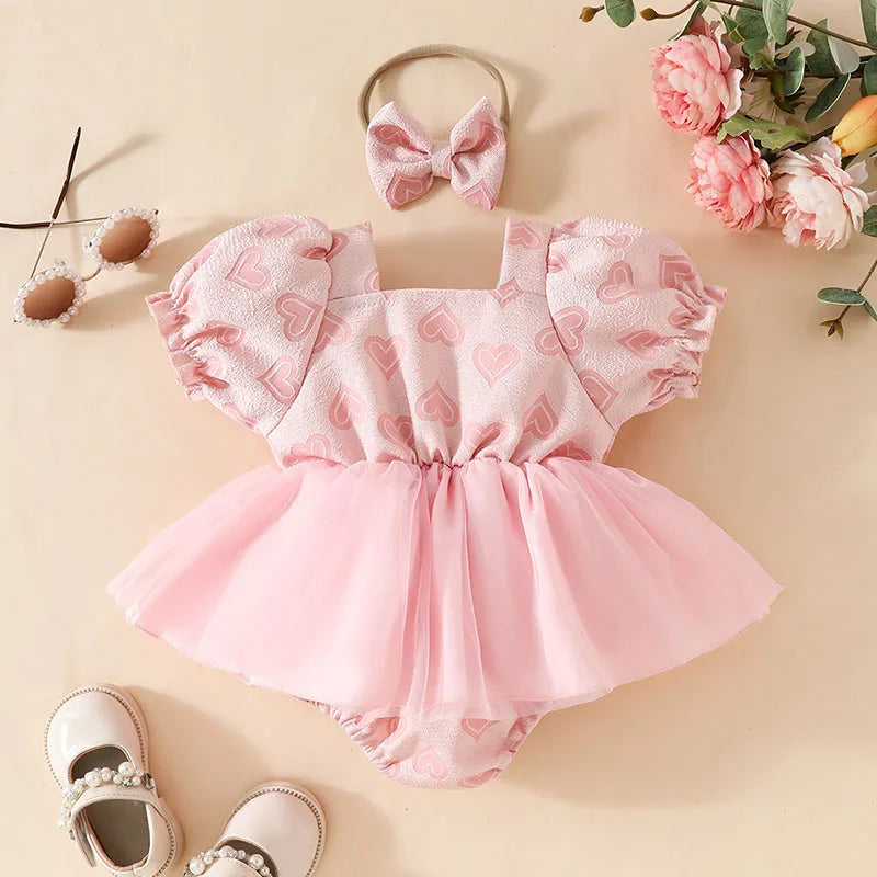 Valentine's Day Baby Heart Bodysuit Cute Newborn Tulle Skirt Infant Puff Short Sleeve Toddler One Piece Summer Baby Clothes