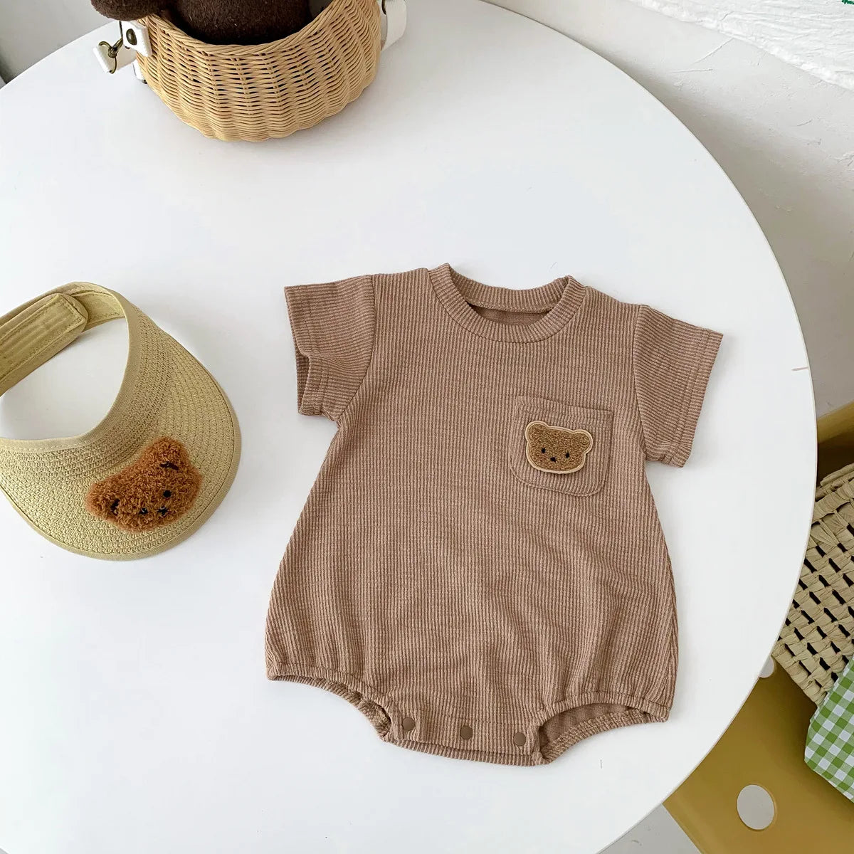 2025 Baby Summer Newborn Baby Boys Bodysuit Bear Round neck Short Sleeve Solid Cotton Triangle Romper Toddler Boys Jumpsuit