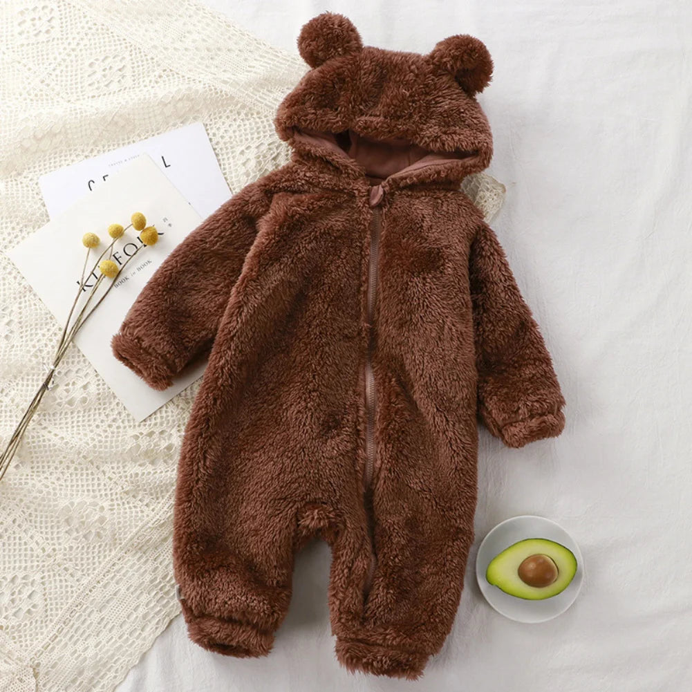 Warm Crawler Baby Plush Pajamas With Overalls Bear Hags With Hooded Collar Leotard Newborn Casual Pajamas For 0-1 Years Old