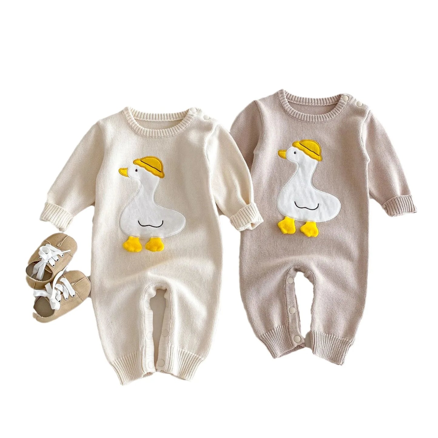 Autumn Winter Baby Boys Jumpsuit Cartoon Duck Solid Cotton Knitted Infant Boys Bodysuit Toddler Boys Outfits Knitwears