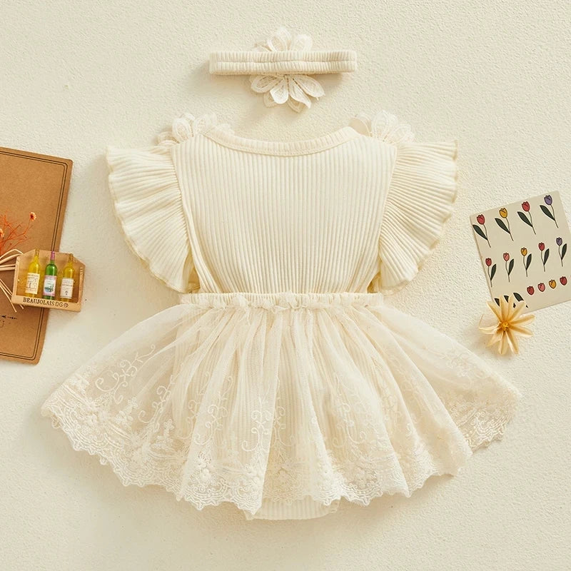 3D Flower Summer Baby Girls Romper Princess Mesh Newborn Clothes Lace Patchwork Ruffle Bodysuit Dress Headband Kids Clothing