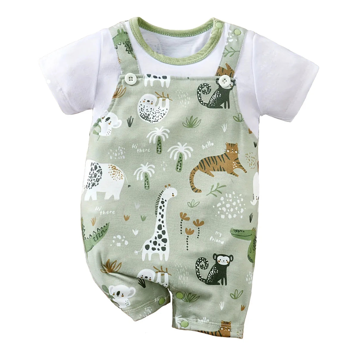 IURNXB Adorable Infant Zoo Animal Print Romper for Boy Newborn Baby Faux Two-Piece Bodysuit with Short Sleeves Casual Play Wear