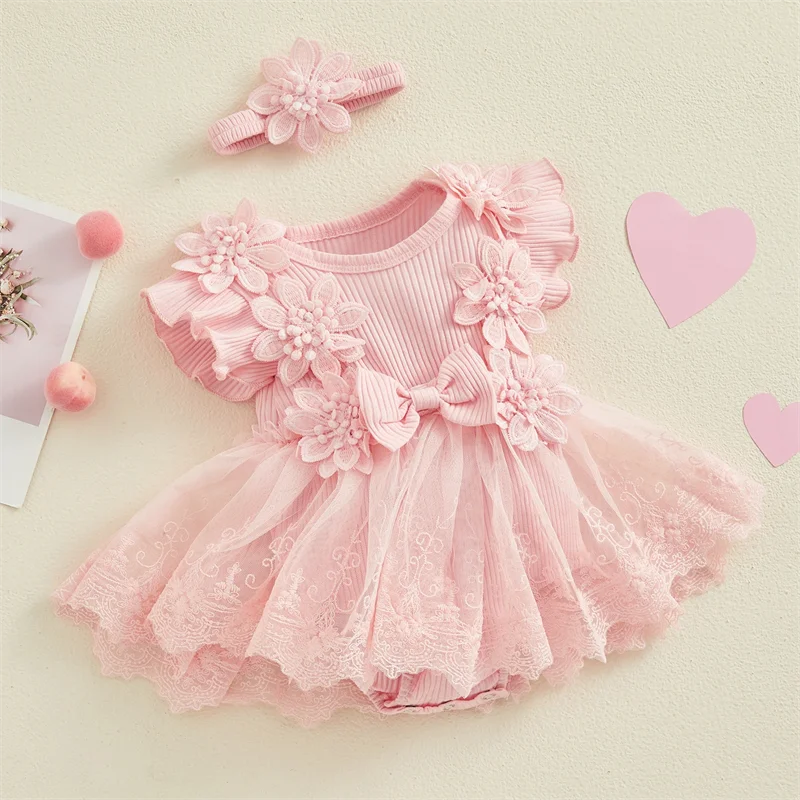 3D Flower Summer Baby Girls Romper Princess Mesh Newborn Clothes Lace Patchwork Ruffle Bodysuit Dress Headband Kids Clothing