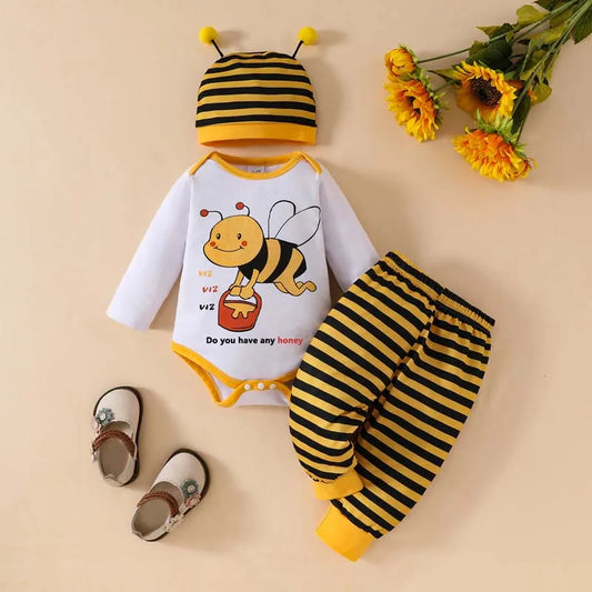 Cute Bee Letter Bodysuit Onesies Set for Baby Boys and Girls Long Sleeve Striped Pants Hat Newborn Clothes 0-18Months