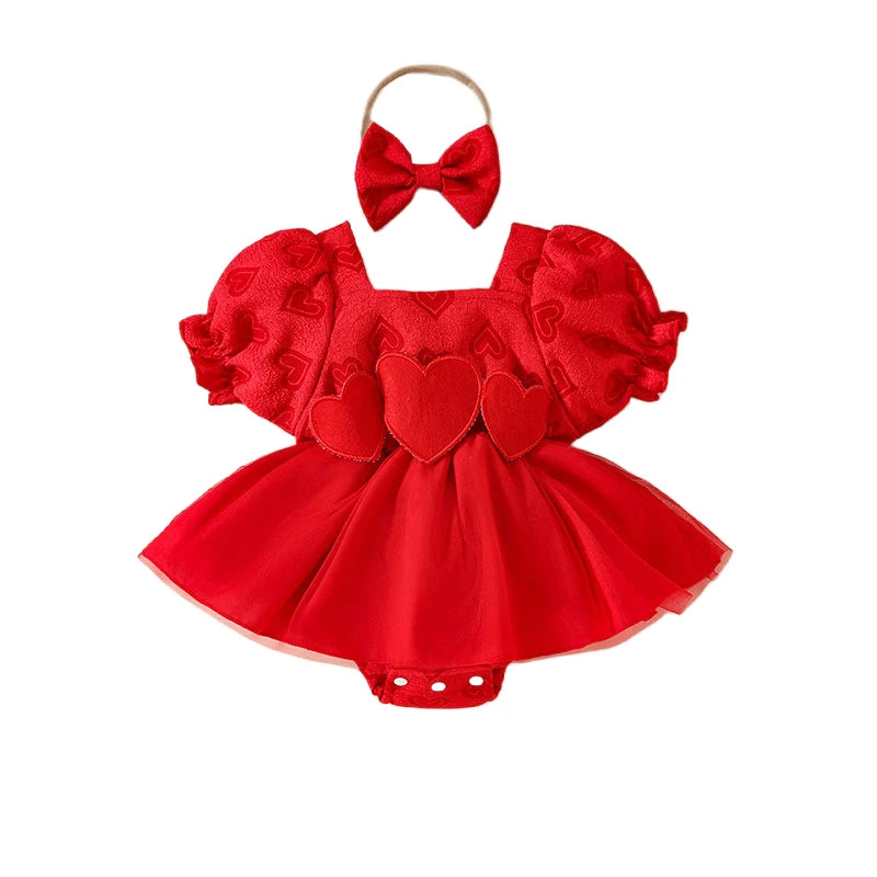 Valentine's Day Baby Heart Bodysuit Cute Newborn Tulle Skirt Infant Puff Short Sleeve Toddler One Piece Summer Baby Clothes