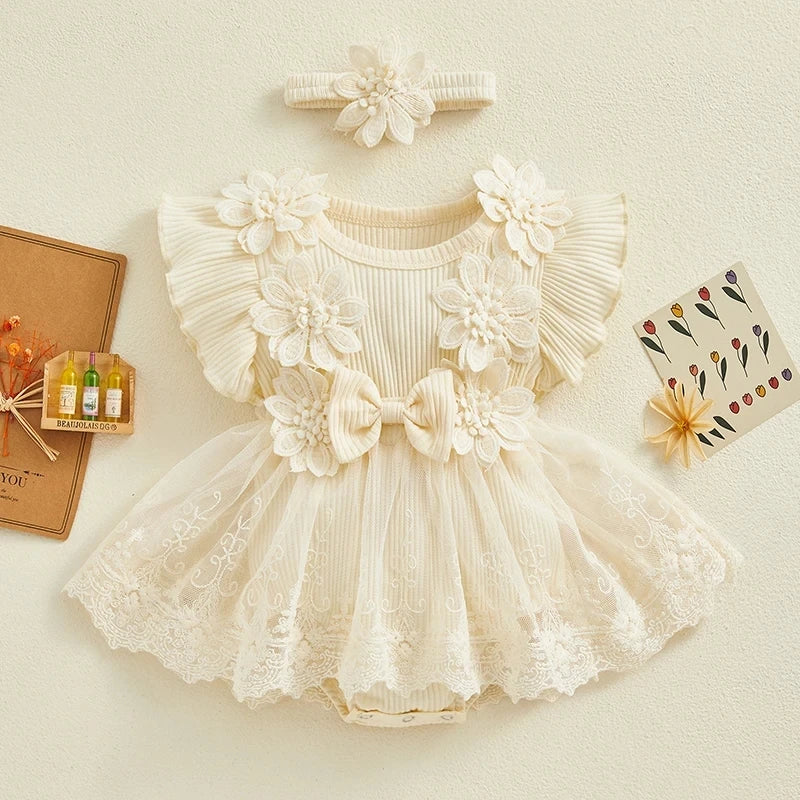 3D Flower Summer Baby Girls Romper Princess Mesh Newborn Clothes Lace Patchwork Ruffle Bodysuit Dress Headband Kids Clothing