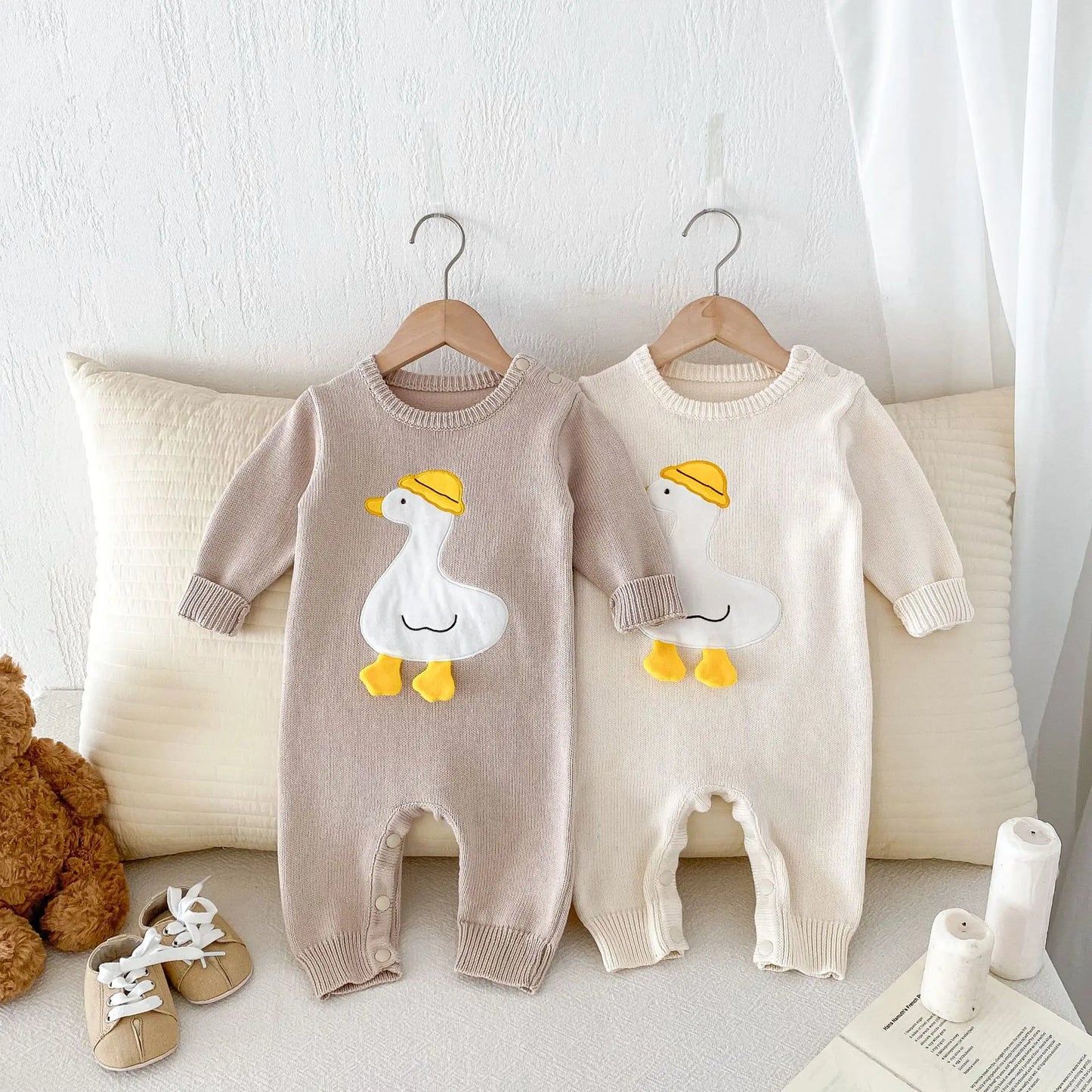 Autumn Winter Baby Boys Jumpsuit Cartoon Duck Solid Cotton Knitted Infant Boys Bodysuit Toddler Boys Outfits Knitwears