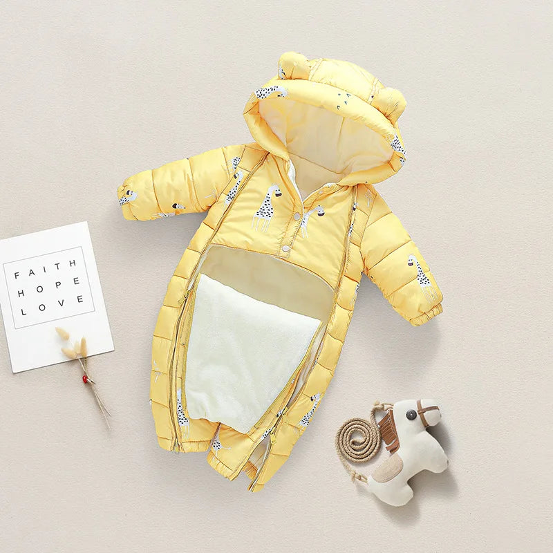 OLEKID 2025 Winter Baby Snowsuit Hooded Plus Velvet Warm Baby Girl Rompers Toddler Baby Boy Jumpsuit Infant Winter Overalls Coat