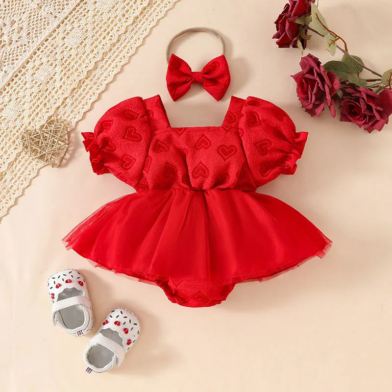 Valentine's Day Baby Heart Bodysuit Cute Newborn Tulle Skirt Infant Puff Short Sleeve Toddler One Piece Summer Baby Clothes