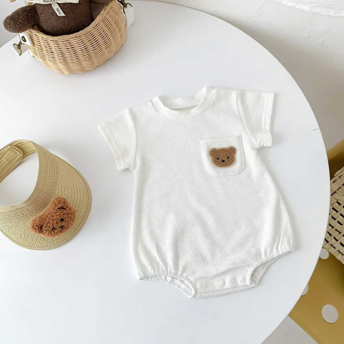 2025 Baby Summer Newborn Baby Boys Bodysuit Bear Round neck Short Sleeve Solid Cotton Triangle Romper Toddler Boys Jumpsuit