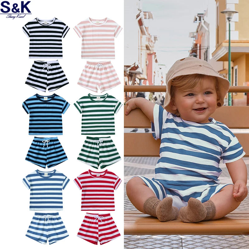 0-3T Newborn Baby Boys Girls Clothes Set Stripe Cotton Sets Two Piece Set Outfits Kid Summer Short Sleeve Top Shirt Shorts Set