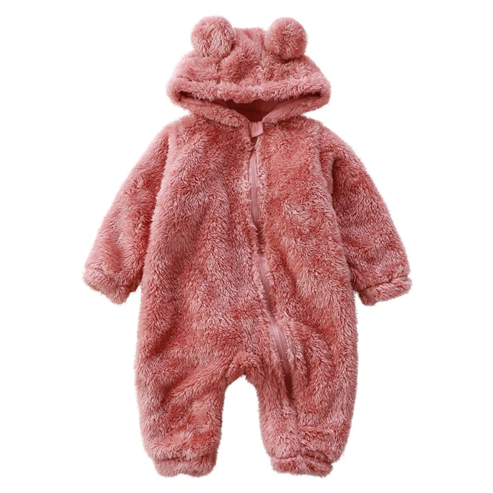 Warm Crawler Baby Plush Pajamas With Overalls Bear Hags With Hooded Collar Leotard Newborn Casual Pajamas For 0-1 Years Old