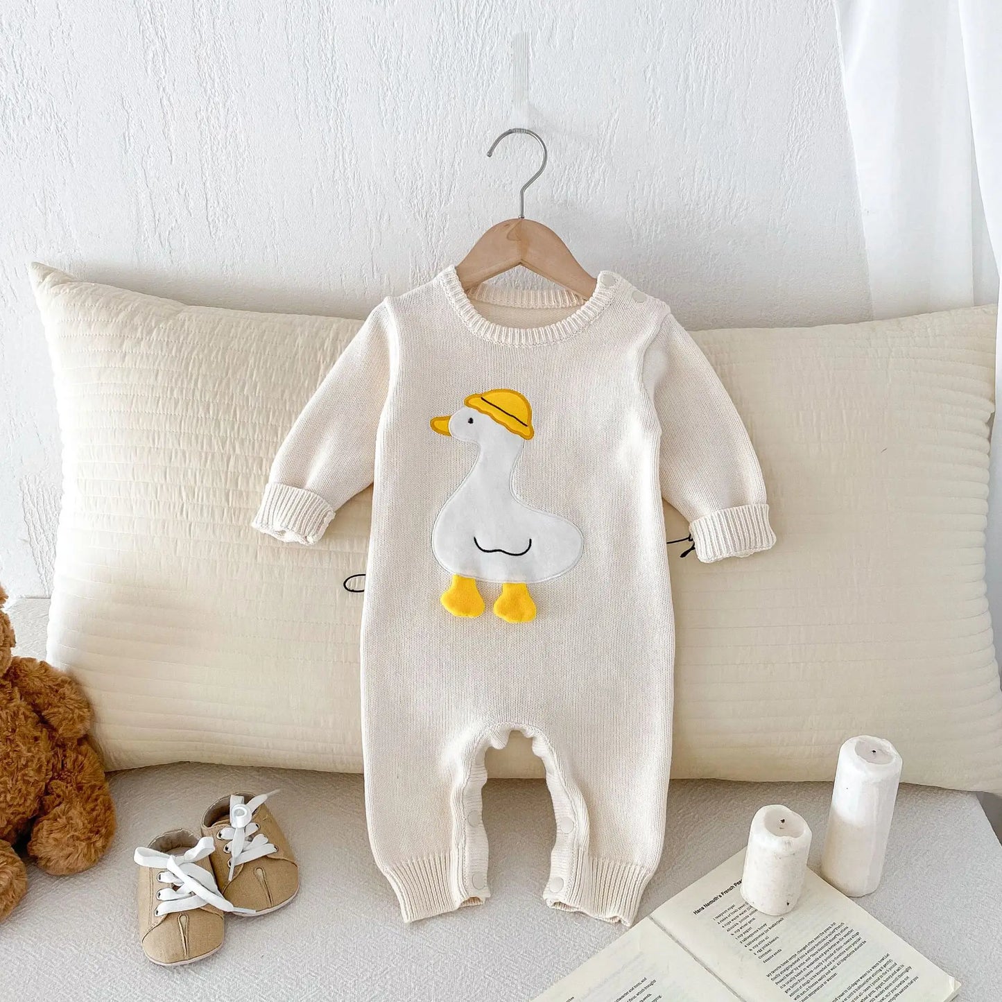 Autumn Winter Baby Boys Jumpsuit Cartoon Duck Solid Cotton Knitted Infant Boys Bodysuit Toddler Boys Outfits Knitwears