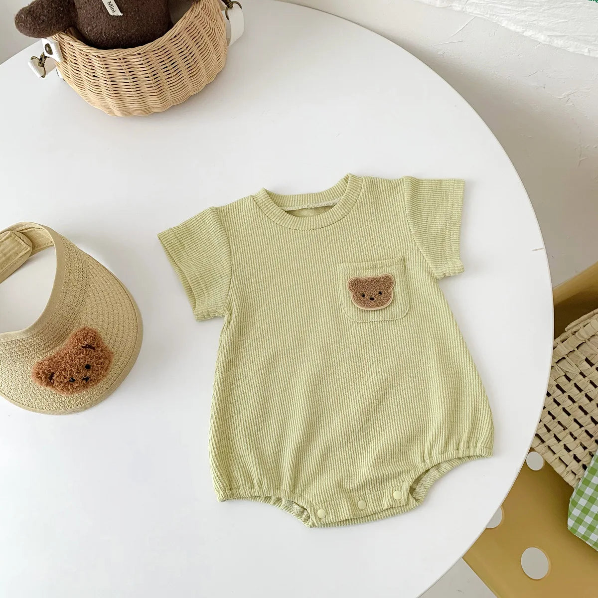 2025 Baby Summer Newborn Baby Boys Bodysuit Bear Round neck Short Sleeve Solid Cotton Triangle Romper Toddler Boys Jumpsuit