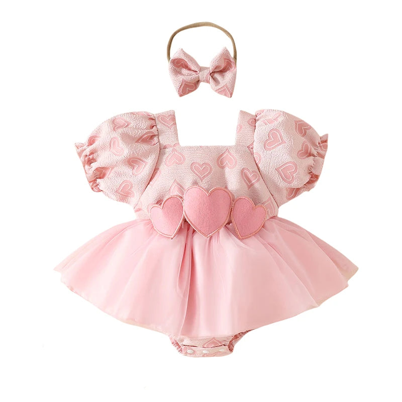 Valentine's Day Baby Heart Bodysuit Cute Newborn Tulle Skirt Infant Puff Short Sleeve Toddler One Piece Summer Baby Clothes