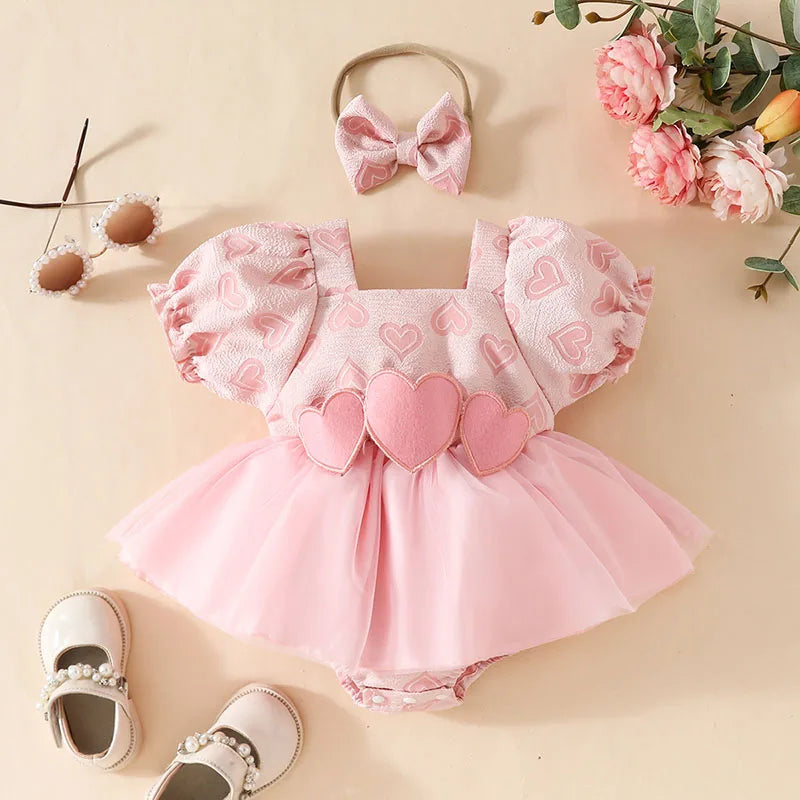 Valentine's Day Baby Heart Bodysuit Cute Newborn Tulle Skirt Infant Puff Short Sleeve Toddler One Piece Summer Baby Clothes