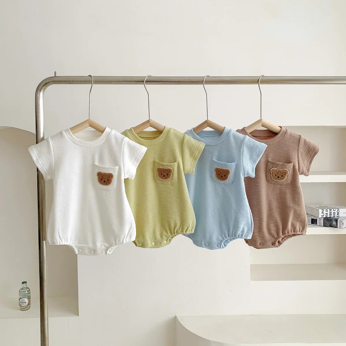 2025 Baby Summer Newborn Baby Boys Bodysuit Bear Round neck Short Sleeve Solid Cotton Triangle Romper Toddler Boys Jumpsuit