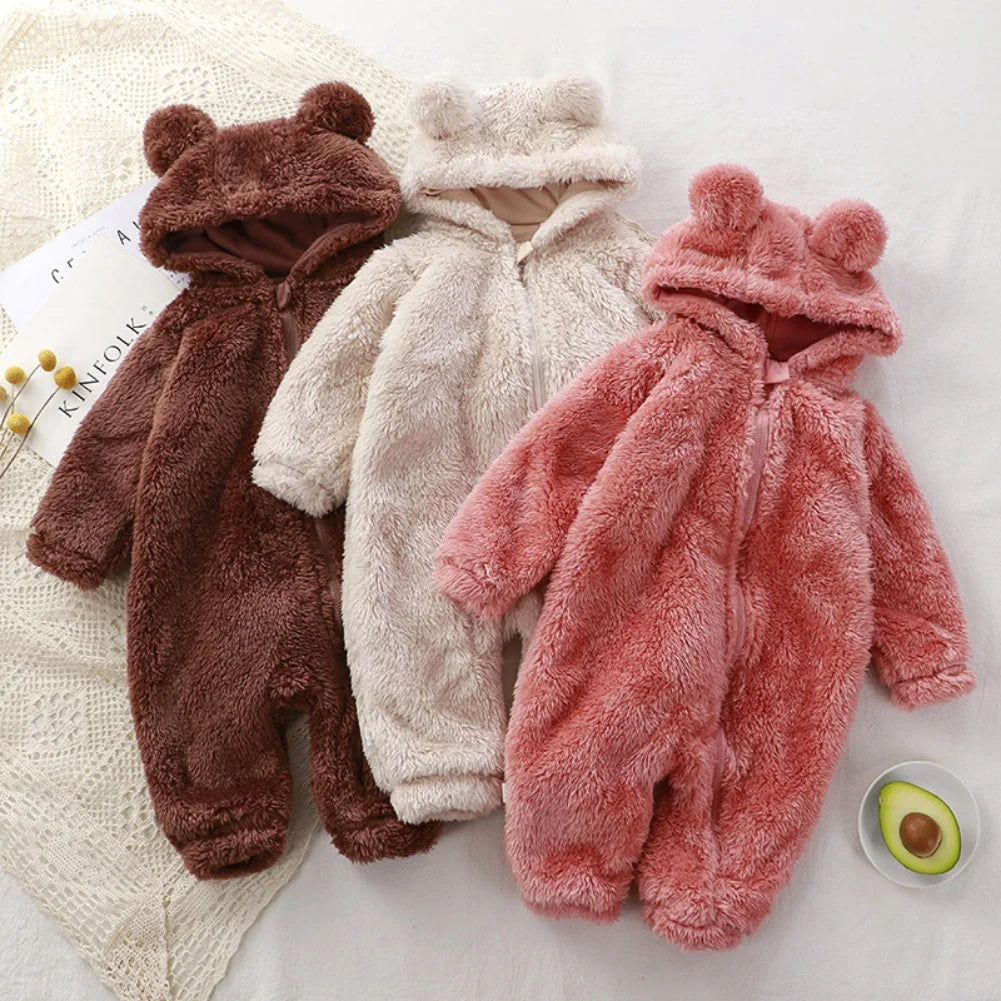 Warm Crawler Baby Plush Pajamas With Overalls Bear Hags With Hooded Collar Leotard Newborn Casual Pajamas For 0-1 Years Old