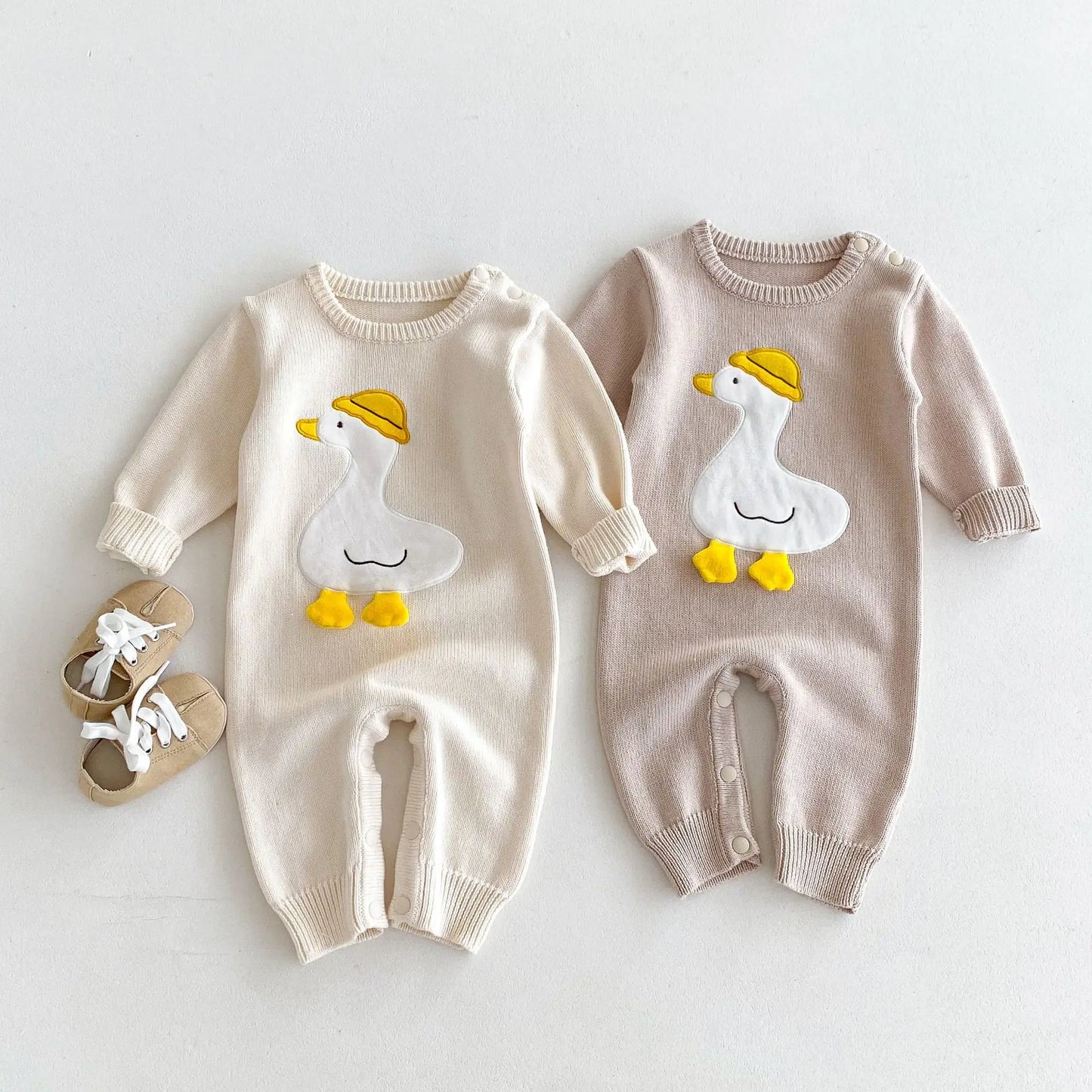 Autumn Winter Baby Boys Jumpsuit Cartoon Duck Solid Cotton Knitted Infant Boys Bodysuit Toddler Boys Outfits Knitwears