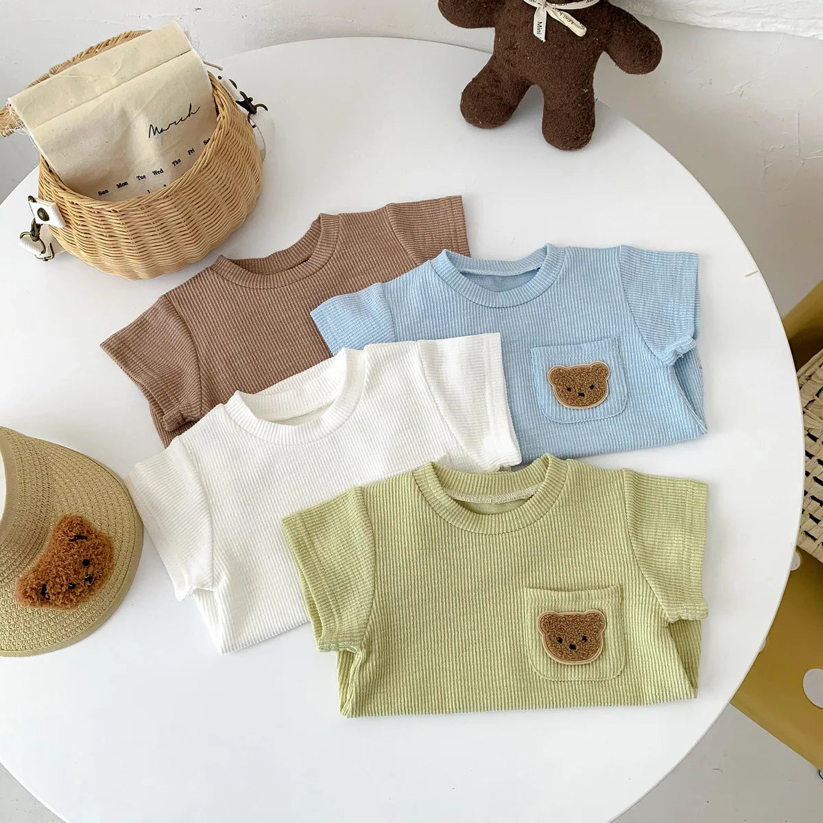 2025 Baby Summer Newborn Baby Boys Bodysuit Bear Round neck Short Sleeve Solid Cotton Triangle Romper Toddler Boys Jumpsuit