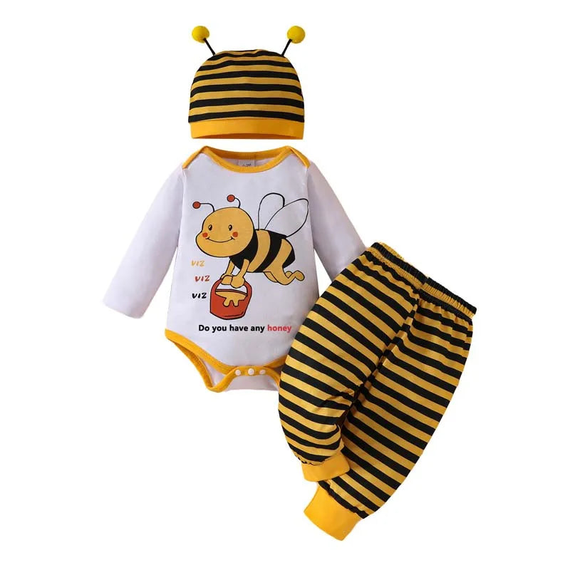 Cute Bee Letter Bodysuit Onesies Set for Baby Boys and Girls Long Sleeve Striped Pants Hat Newborn Clothes 0-18Months