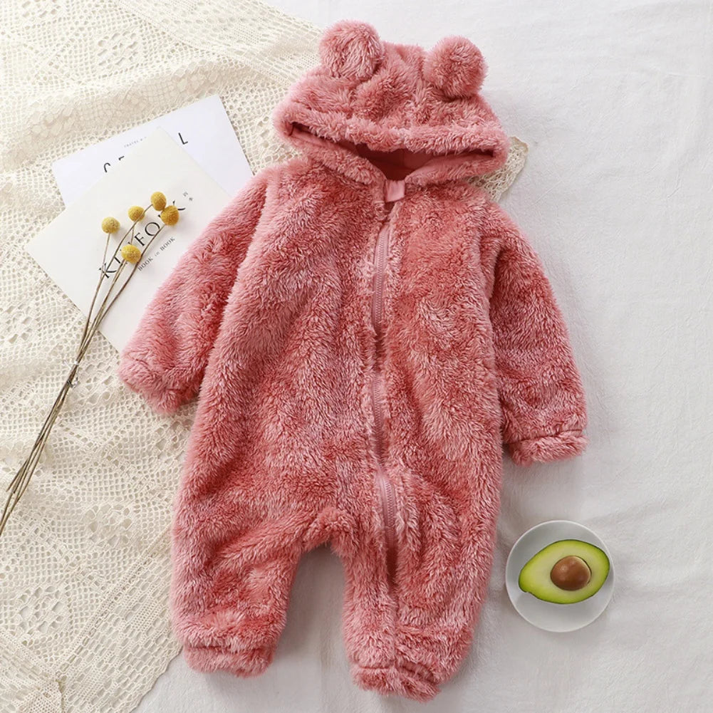 Warm Crawler Baby Plush Pajamas With Overalls Bear Hags With Hooded Collar Leotard Newborn Casual Pajamas For 0-1 Years Old