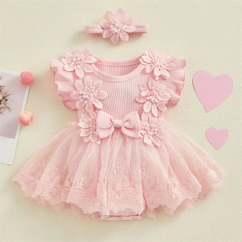 3D Flower Summer Baby Girls Romper Princess Mesh Newborn Clothes Lace Patchwork Ruffle Bodysuit Dress Headband Kids Clothing