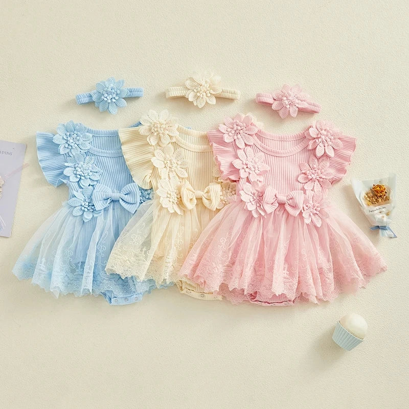 3D Flower Summer Baby Girls Romper Princess Mesh Newborn Clothes Lace Patchwork Ruffle Bodysuit Dress Headband Kids Clothing