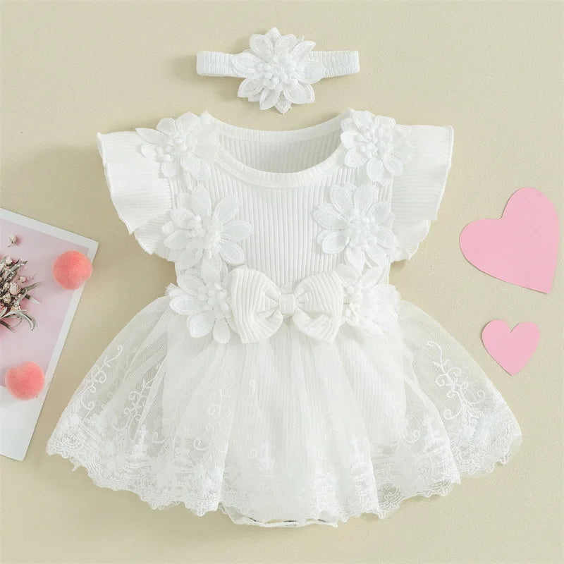 3D Flower Summer Baby Girls Romper Princess Mesh Newborn Clothes Lace Patchwork Ruffle Bodysuit Dress Headband Kids Clothing