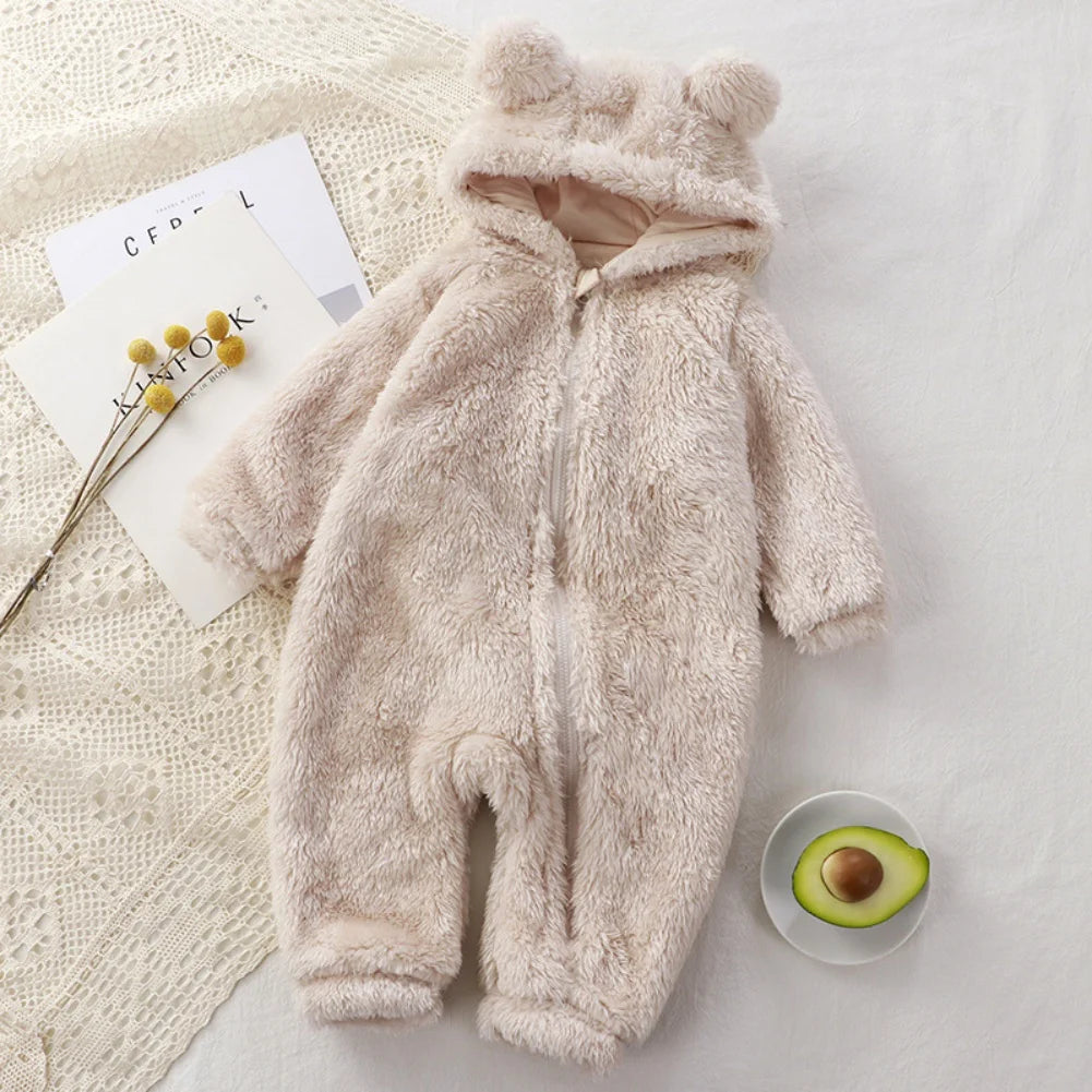 Warm Crawler Baby Plush Pajamas With Overalls Bear Hags With Hooded Collar Leotard Newborn Casual Pajamas For 0-1 Years Old