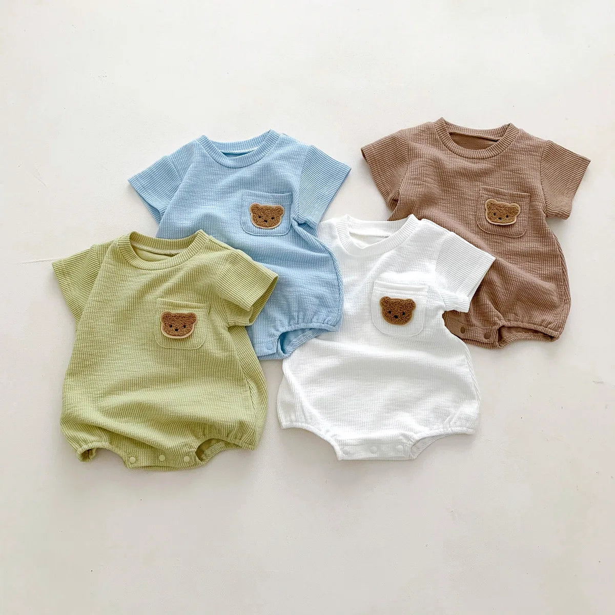 2025 Baby Summer Newborn Baby Boys Bodysuit Bear Round neck Short Sleeve Solid Cotton Triangle Romper Toddler Boys Jumpsuit