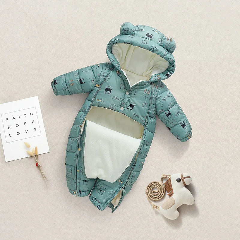 OLEKID 2025 Winter Baby Snowsuit Hooded Plus Velvet Warm Baby Girl Rompers Toddler Baby Boy Jumpsuit Infant Winter Overalls Coat