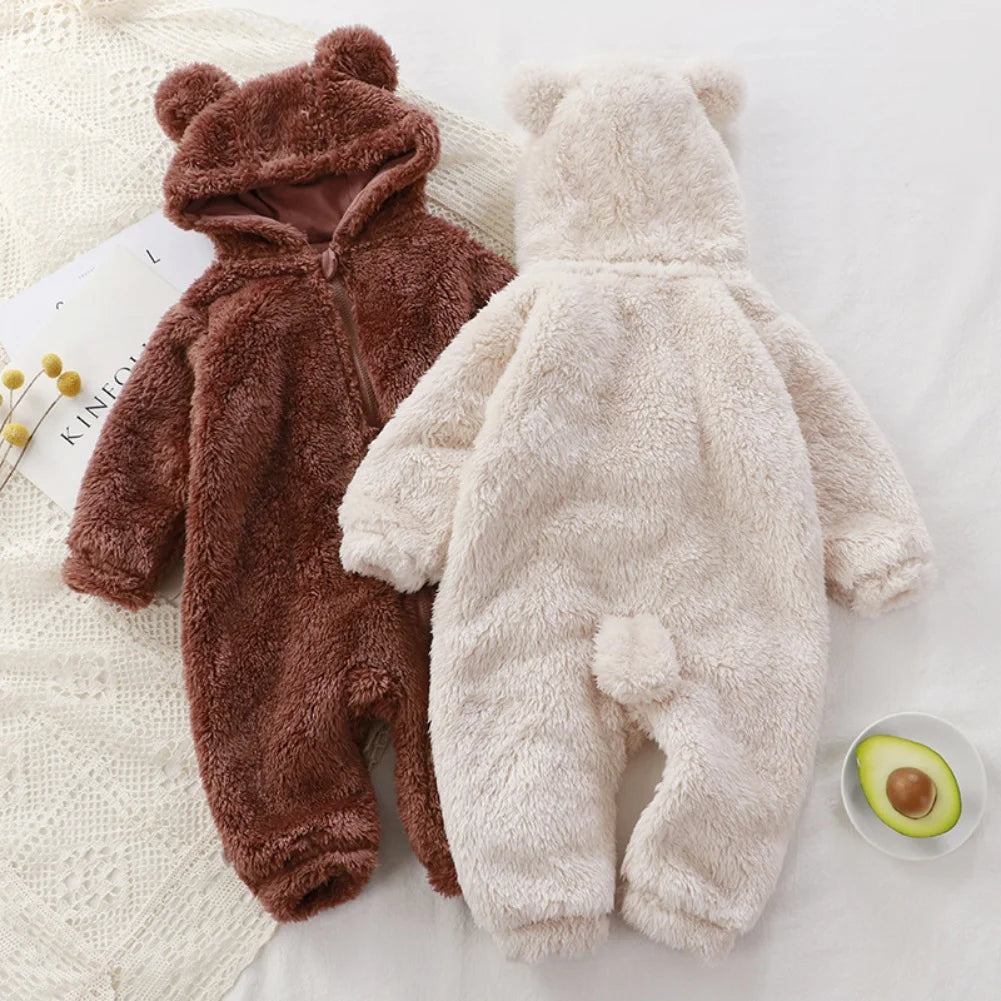 Warm Crawler Baby Plush Pajamas With Overalls Bear Hags With Hooded Collar Leotard Newborn Casual Pajamas For 0-1 Years Old