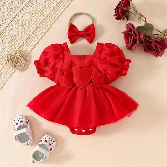 Valentine's Day Baby Heart Bodysuit Cute Newborn Tulle Skirt Infant Puff Short Sleeve Toddler One Piece Summer Baby Clothes