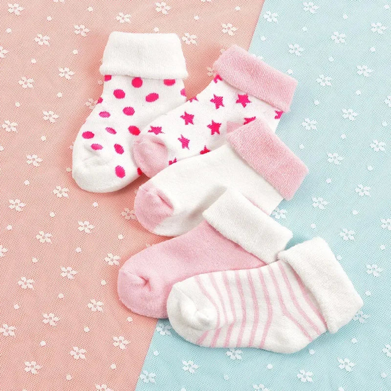 5 Pairs Autumn Winter Warm Strip Baby Sock Cute Cartoon Dot Thick Infant Floor Sock Soft Star Pattern Newborn Toddler Sock