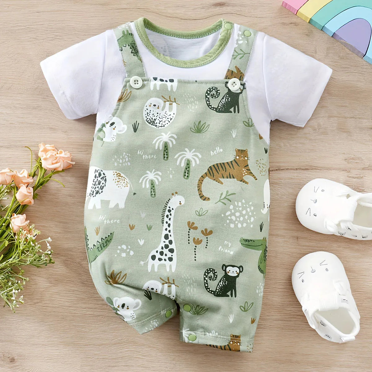 IURNXB Adorable Infant Zoo Animal Print Romper for Boy Newborn Baby Faux Two-Piece Bodysuit with Short Sleeves Casual Play Wear