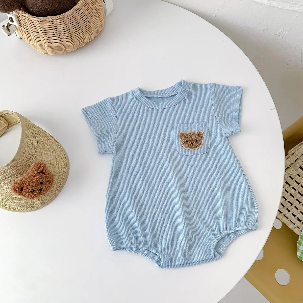 2025 Baby Summer Newborn Baby Boys Bodysuit Bear Round neck Short Sleeve Solid Cotton Triangle Romper Toddler Boys Jumpsuit