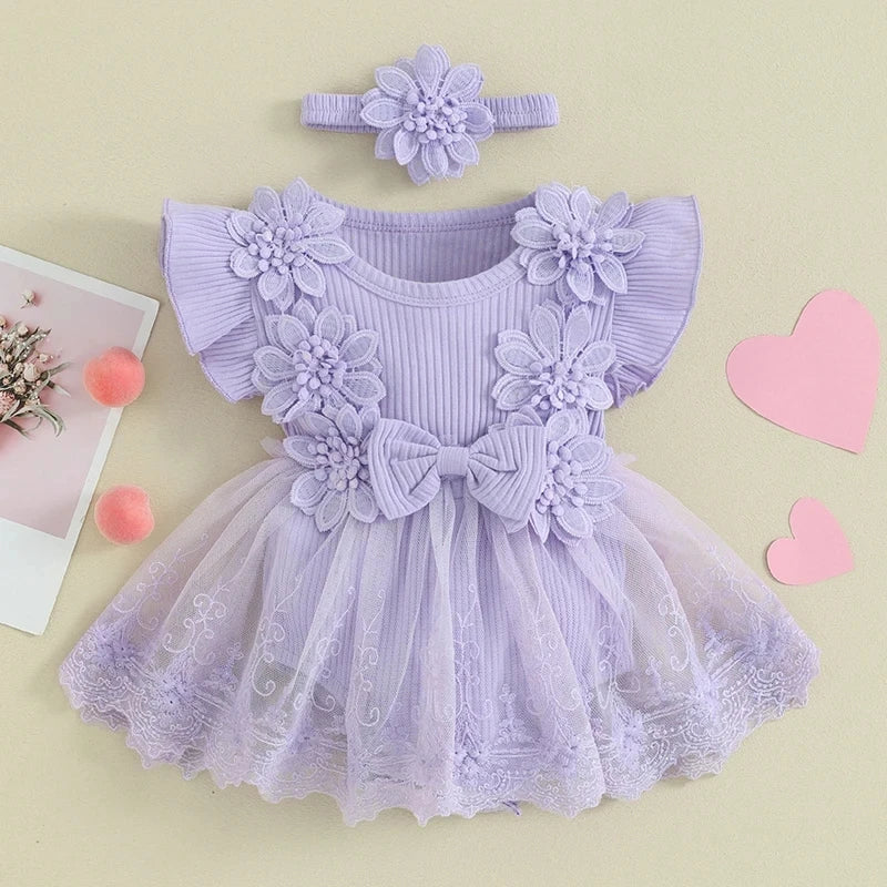 3D Flower Summer Baby Girls Romper Princess Mesh Newborn Clothes Lace Patchwork Ruffle Bodysuit Dress Headband Kids Clothing